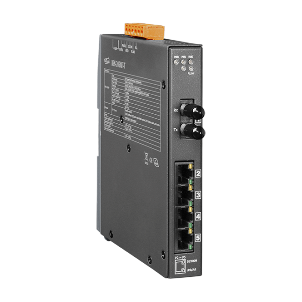 NSM-205AFT-T 4-port 10/100 Mbps Ethernet with 1 fiber port Switch (Multi mode, ST connector), Power Supply Input +12 VDC ~ +48 VDC with metal case
