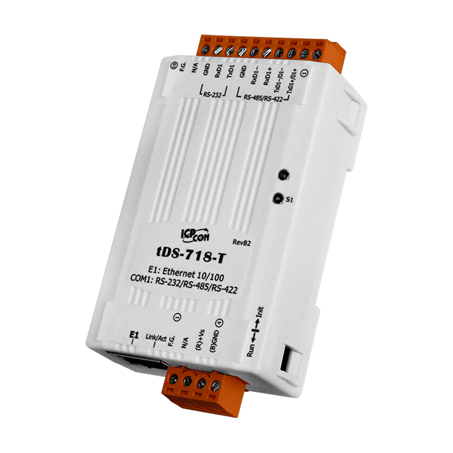 tDS-718-T Tiny (1x RS-232/422/485) Serial-to-Ethernet Device Server (Terminal Block Power Input)