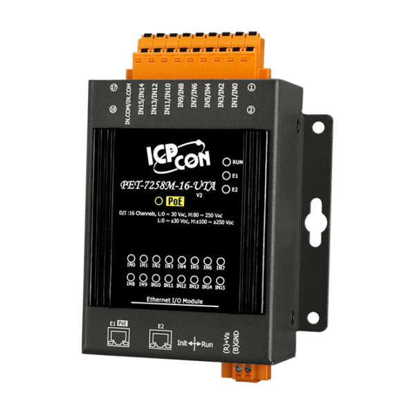 PET-7258M-16-UTA Ethernet I/O Module with 2-port Ethernet Switch and 16-ch Isolated DI, PoE (with −40°C to +75°C operating temperature) )
