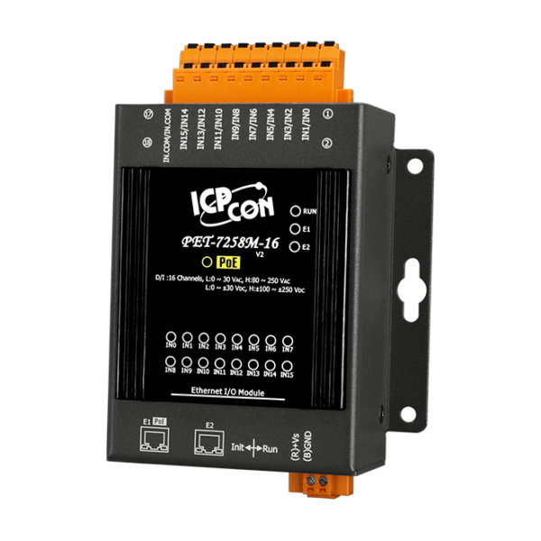 PET-7258M-16 Ethernet I/O Module with 2-port Ethernet Switch and 16-ch Isolated DI, PoE