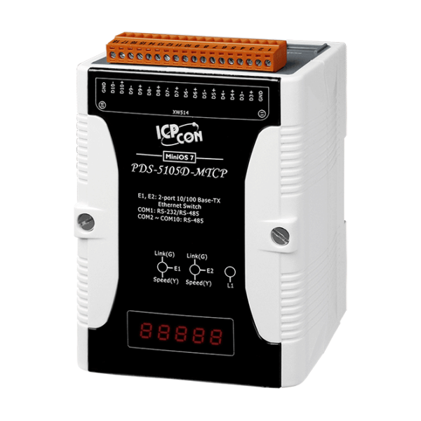 PDS-5105D-MTCP Programmable (10x RS-485) Serial-to-Ethernet Device Server with 2-port Ethernet Switch, Modbus Gateway and LED Display