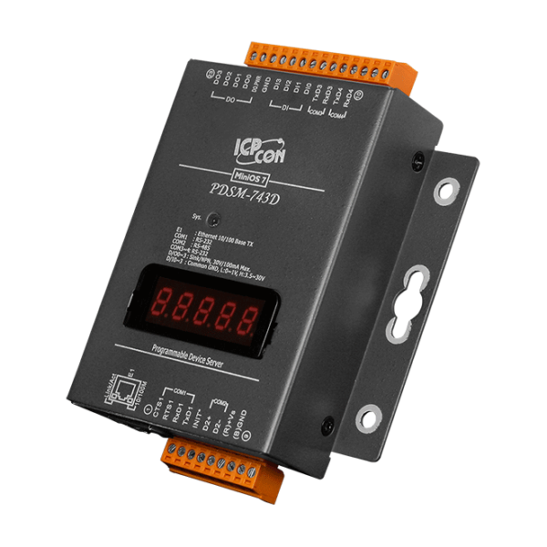 PDSM-743D Programmable (3x RS-232 and 1x RS-485) Serial-to-Ethernet Device Server with 4x DI, 4x DO and LED Display (Metal Case)