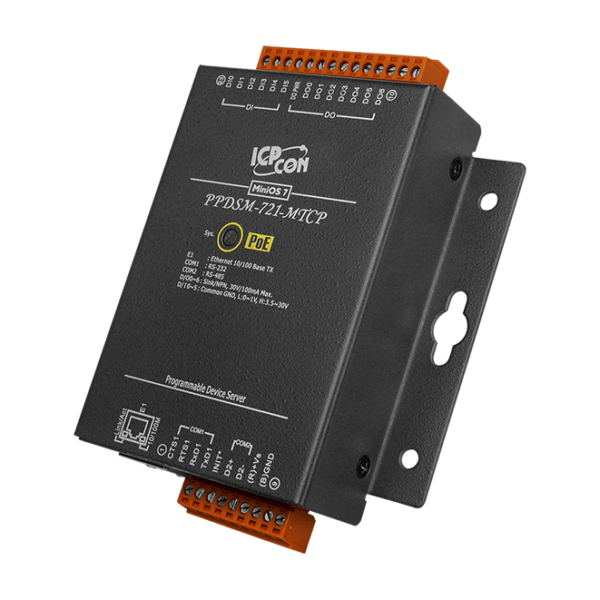 PPDSM-721-MTCP Programmable (1x RS-232 and 1x RS-485) Serial-to-Ethernet Device Server with 6x DI, 7x DO, PoE and Modbus Gateway (Metal Case)