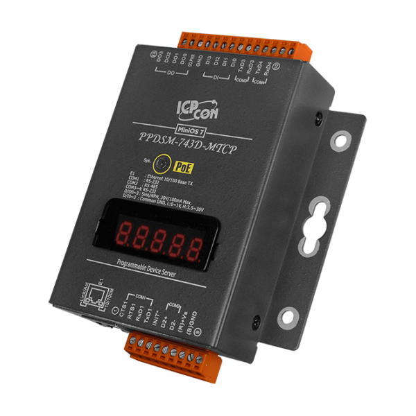 PPDSM-743D-MTCP Programmable (3x RS-232 and 1x RS-485) Serial-to-Ethernet Device Server with 4x DI, 4x DO, PoE, Modbus Gateway and LED Display (Metal Case)