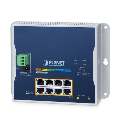 WGS-5225-8P2S Industrial L2+ 8-Port 10/100/1000T 802.3at PoE + 2-Port 1G/2.5G SFP Wall-mount Managed Switch