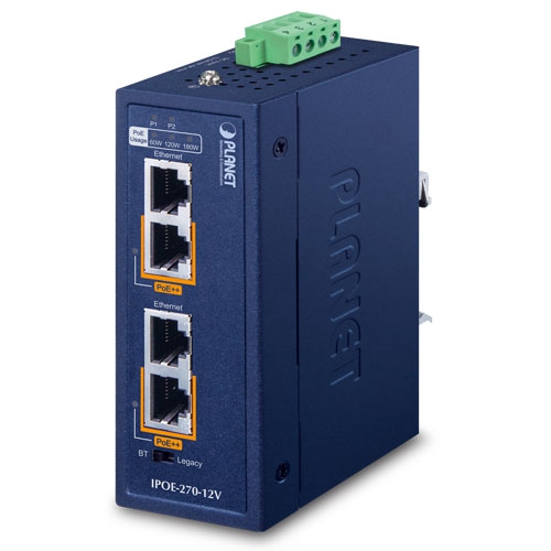 IPOE-270-12V Industrial 2-port Multi-Gigabit 802.3bt PoE++ Injector Hub w/12V Booster (-40~75 degrees C, 12~54VDC)