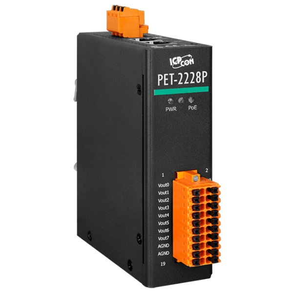 PET-2228P PoE I/O Module with 2-port Ethernet Switch, 16-bit with 8-ch Analog Output